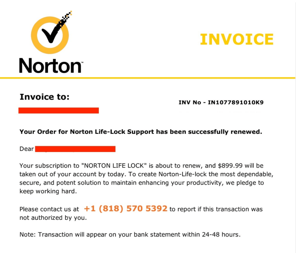 Norton Invoice Phishing Email